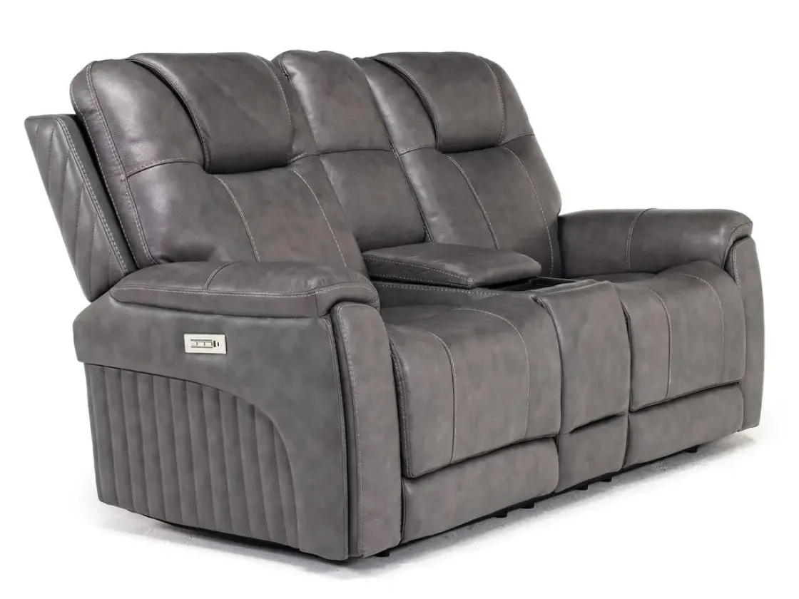 Mor Furniture Echo 3 Power Console Loveseat In Rainier Walnut Leather