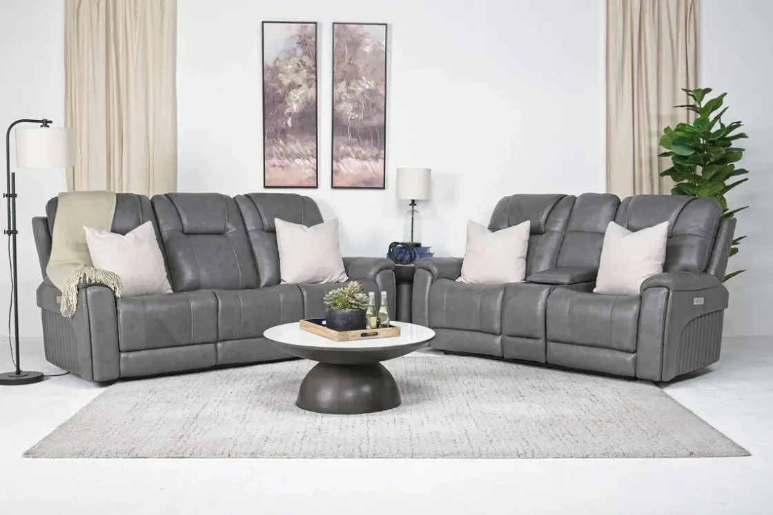 Mor Furniture Echo 3 Power Console Loveseat In Rainier Walnut Leather