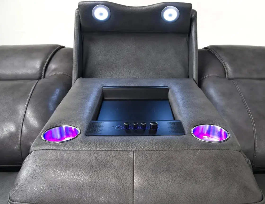 Mor Furniture Echo 3 Power Theater Sofa W/ Immersive Sound In Rainier Walnut Leather