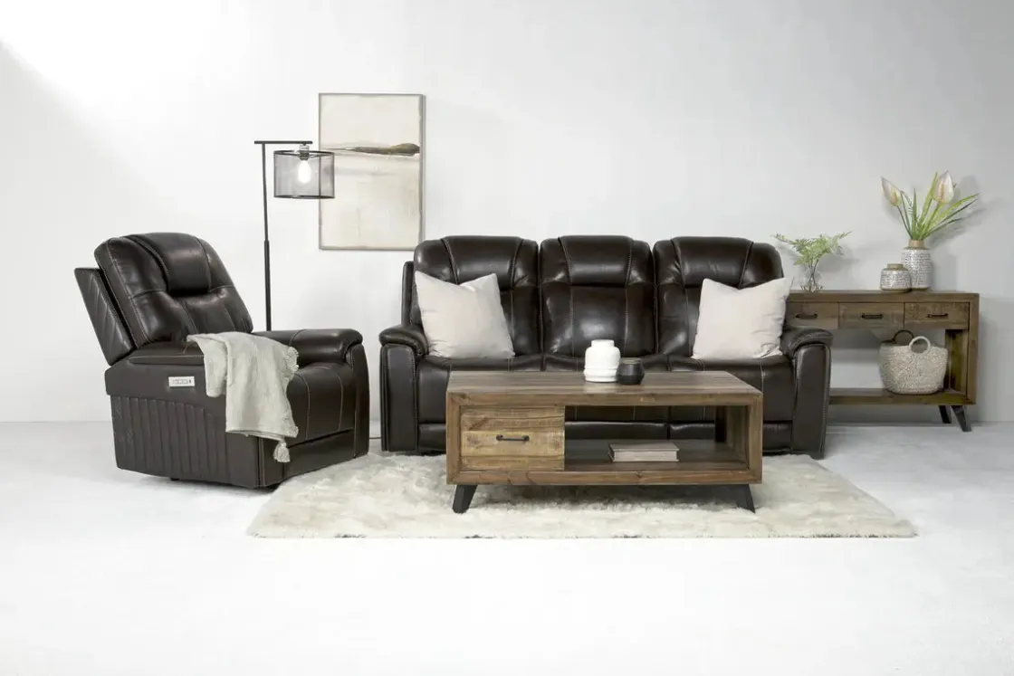 Mor Furniture Echo 3 Power Theater Sofa W/ Immersive Sound In Rainier Walnut Leather
