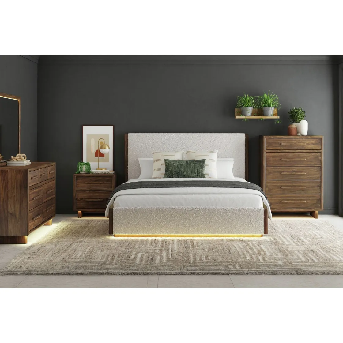 Mor Furniture Elm Upholstered Bed W/ Lights, Dresser, Mirror & Nightstand In Brown, Queen