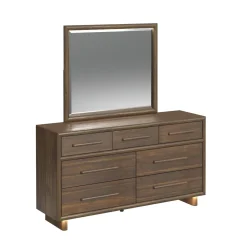 Mor Furniture Elm Upholstered Bed W/ Lights, Dresser, Mirror & Nightstand In Brown, Queen