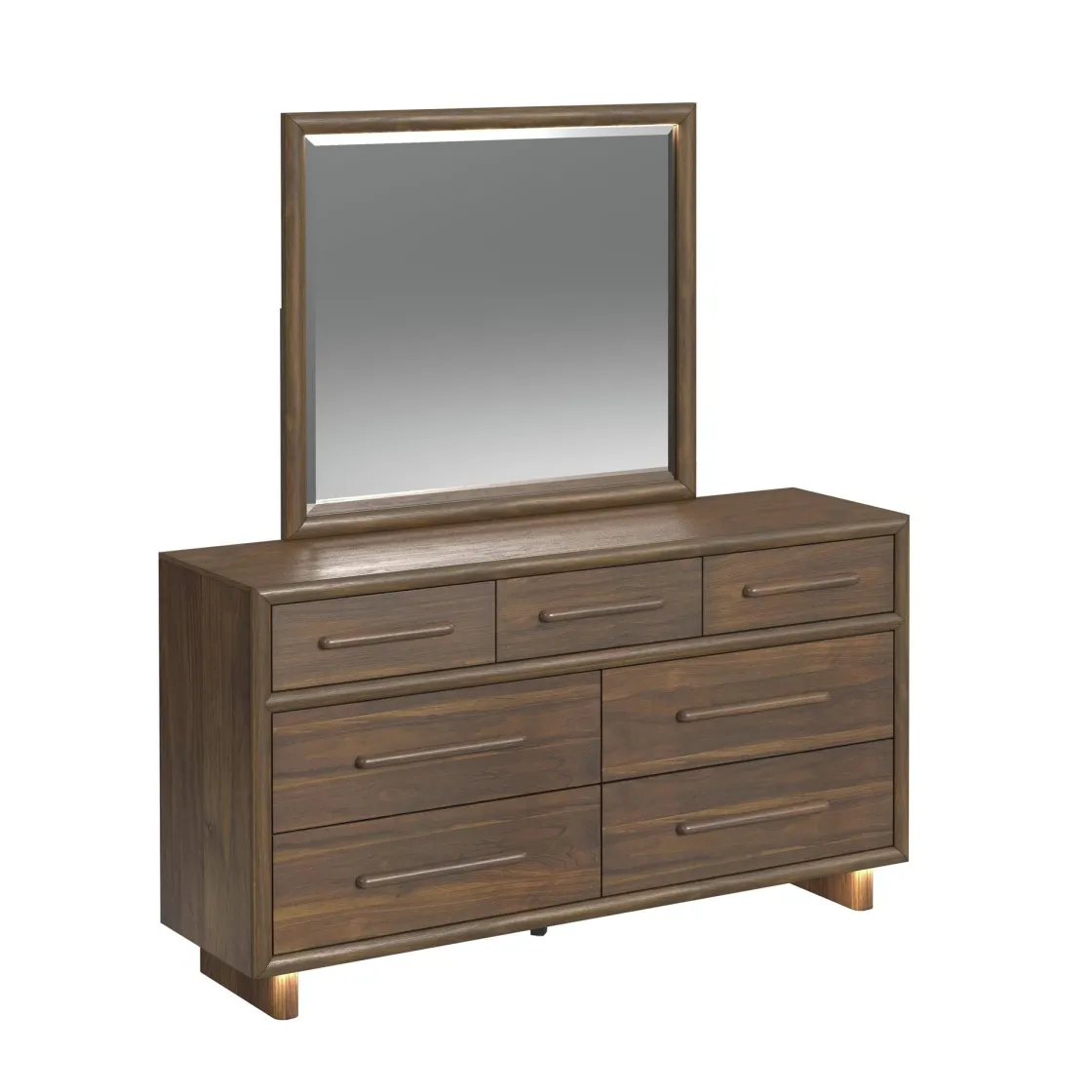 Mor Furniture Elm Upholstered Bed W/ Lights, Dresser, Mirror & Nightstand In Brown, Queen