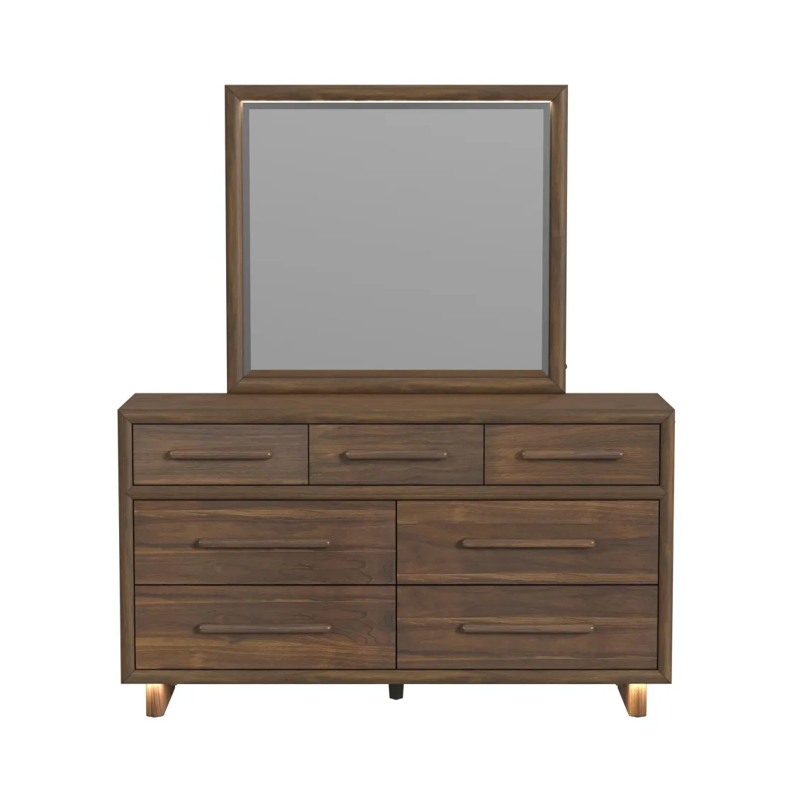 Mor Furniture Elm Upholstered Bed W/ Lights, Dresser, Mirror & Nightstand In Brown, Queen