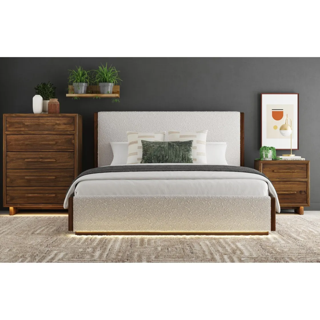 Mor Furniture Elm Upholstered Bed W/ Lights In Brown, Queen