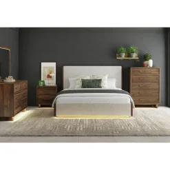 Mor Furniture Elm Upholstered Bed W/ Lights In Brown, Queen