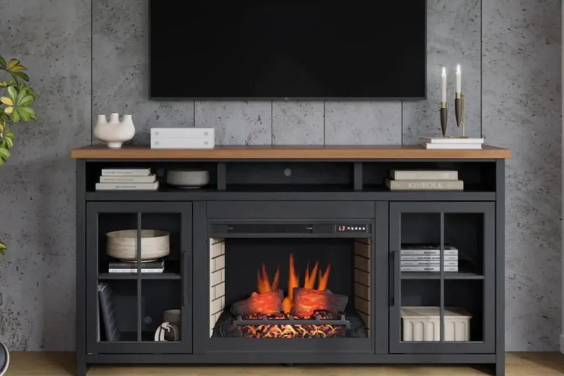 Mor Furniture Eloise Fireplace Console In Black & Whiskey, 96 Inch