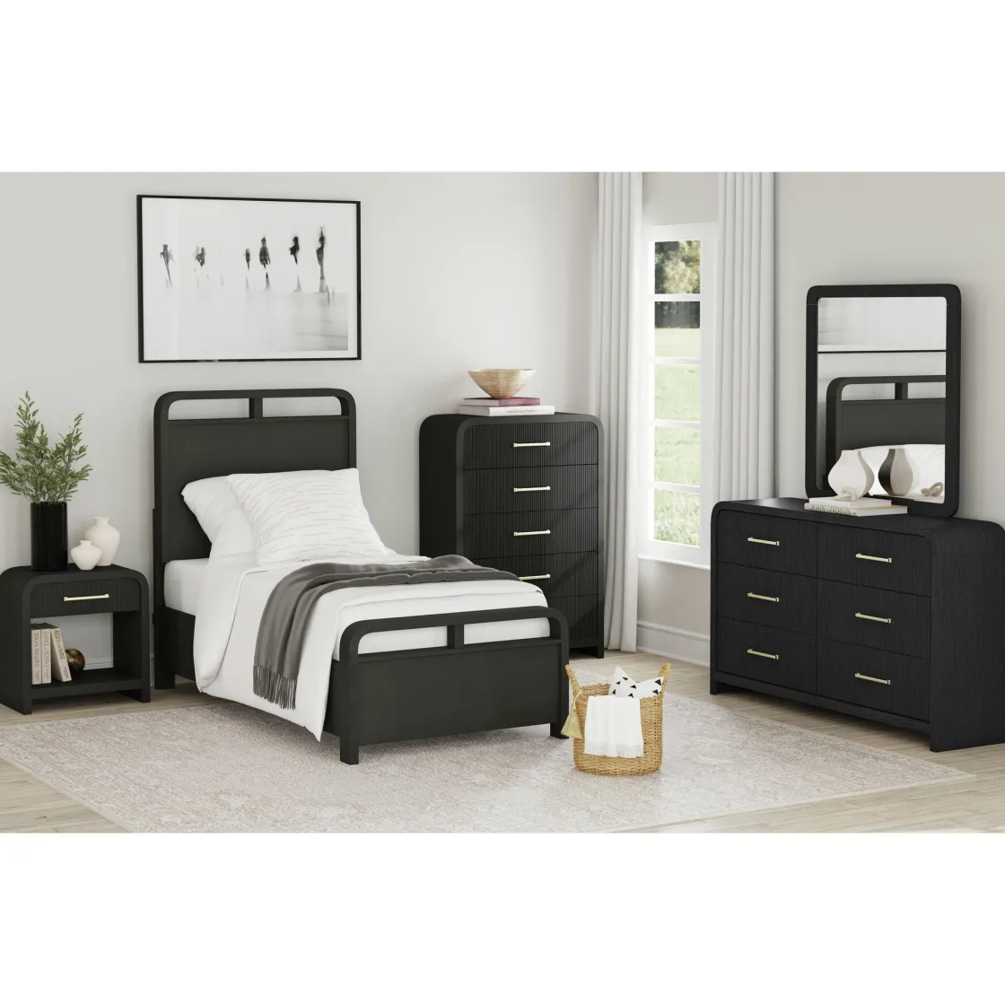 Mor Furniture Emberly Panel Bed, Dresser, Mirror & Nightstand In Black, Twin