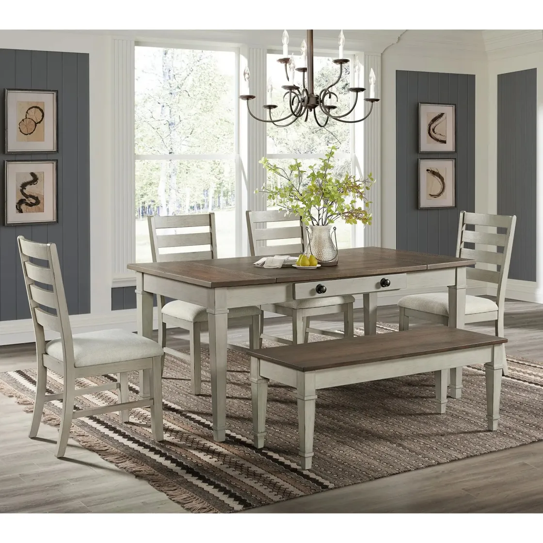 Mor Furniture Farmington Dining Table, 4 Chairs & Bench In Medium Brown/Washed Stone