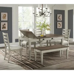 Mor Furniture Farmington Dining Table, 4 Chairs & Bench In Medium Brown/Washed Stone