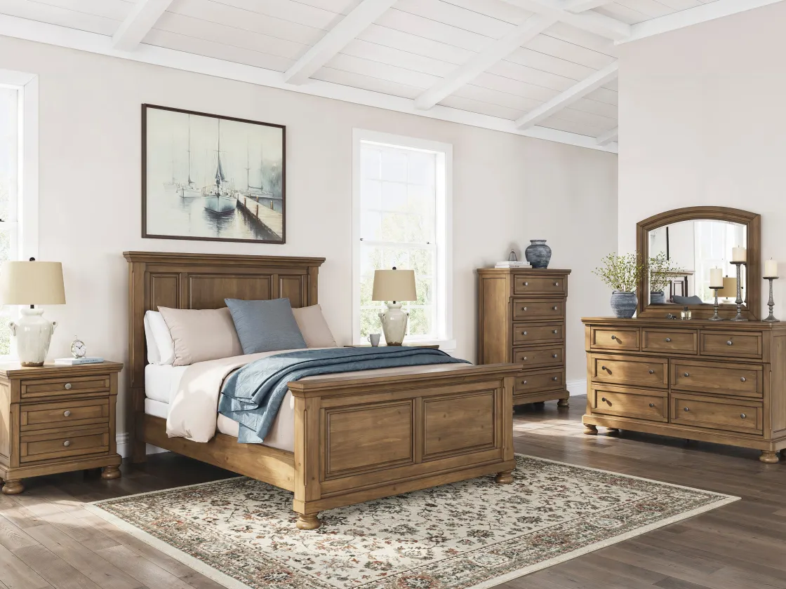 Mor Furniture Feddinger Panel Bed, Dresser, Mirror & Nightstand In Medium Brown, Queen