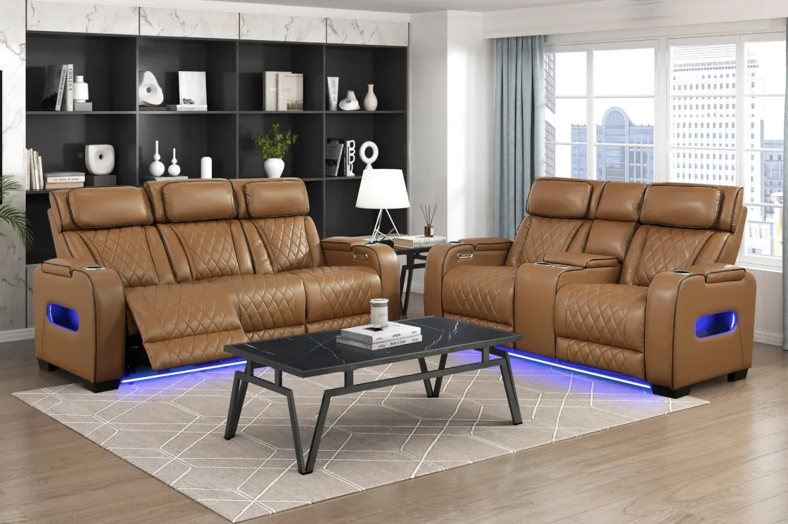 Mor Furniture Gallington 2 Power Sofa & Console Loveseat In Brown