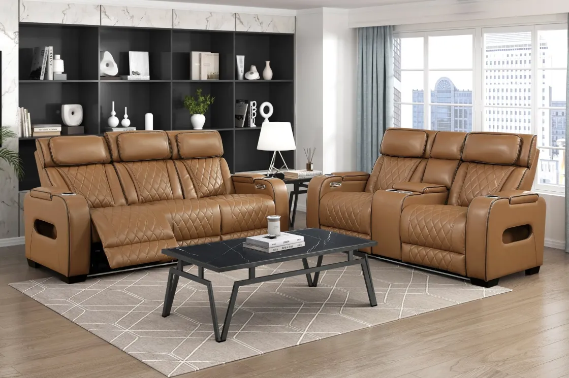 Mor Furniture Gallington 2 Power Sofa W/ Drop Down Console In Brown
