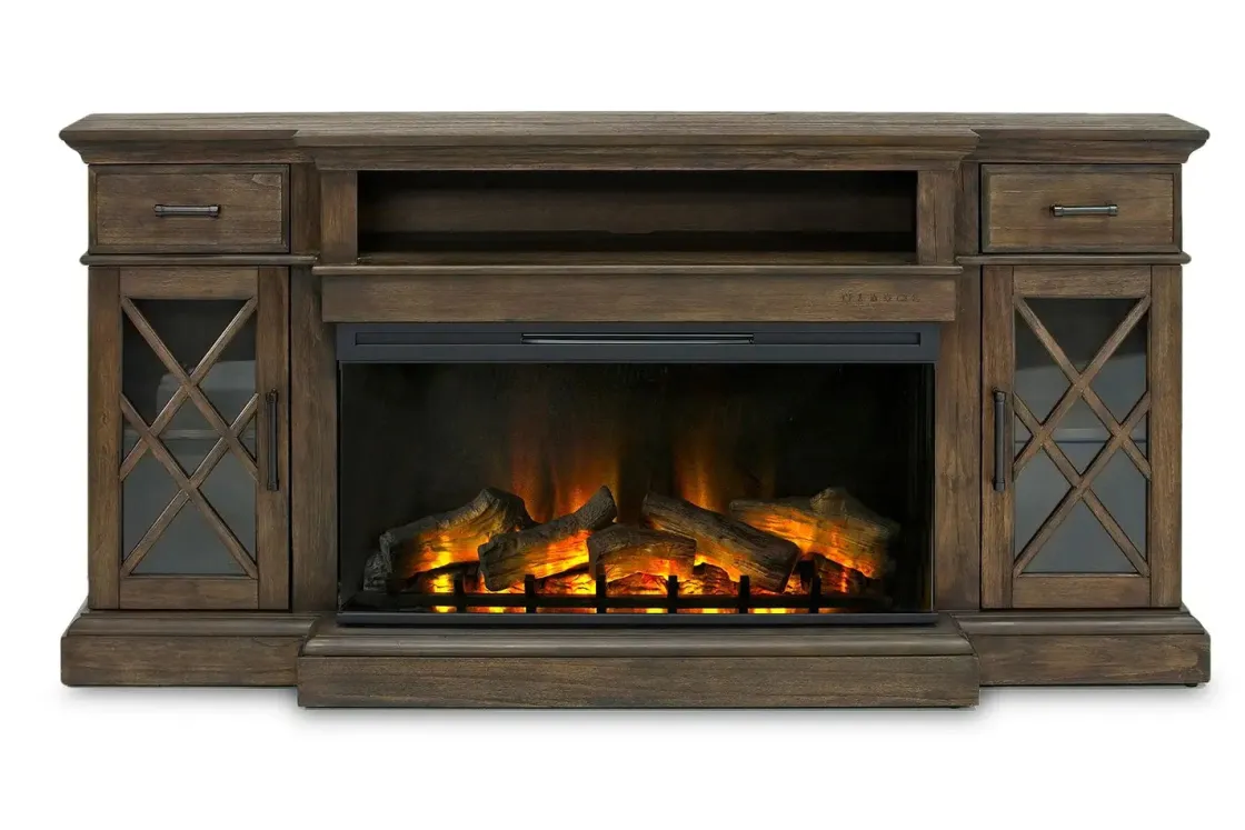Mor Furniture Harbor Console W/ Fireplace Insert In Brown, 70 Inch