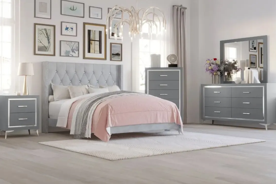 Mor Furniture Huxley Panel Bed, Dresser, Mirror & Nightstand In Gray, Full