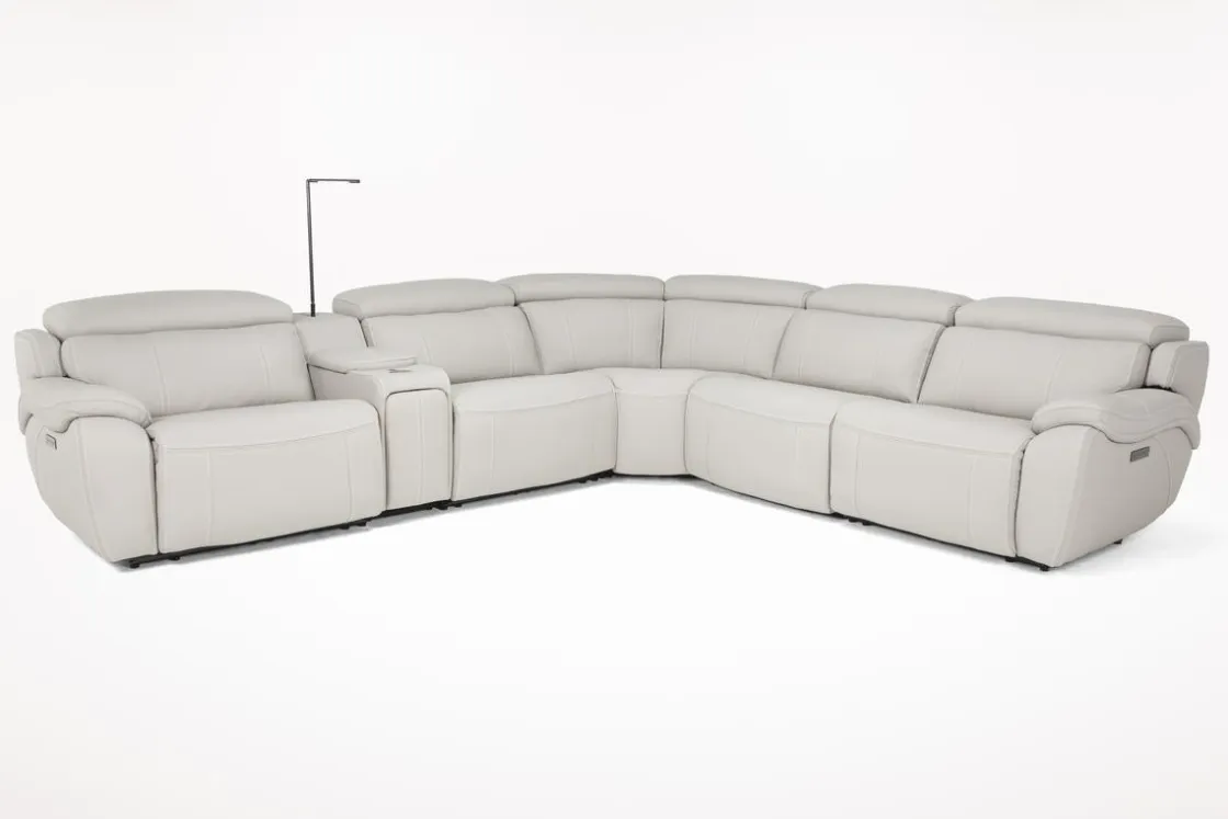 Mor Furniture Imperial 6 Piece 2 Power Sectional W/ 2 Power Armless Recliner In Blanca Light Gray Leather