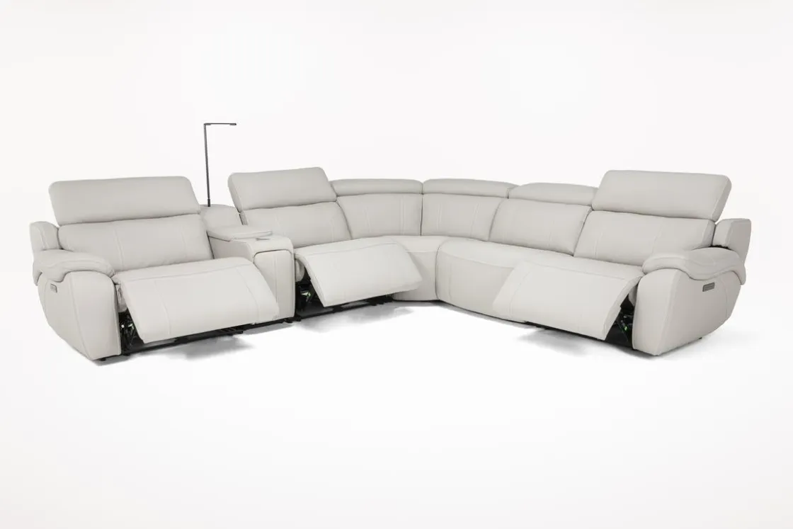 Mor Furniture Imperial 6 Piece 2 Power Sectional W/ 2 Power Armless Recliner In Blanca Light Gray Leather