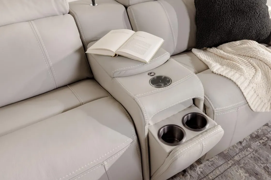 Mor Furniture Imperial 6 Piece 2 Power Sectional W/ 2 Power Armless Recliner In Blanca Light Gray Leather