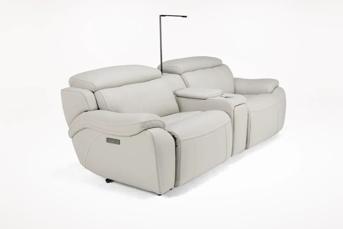 Mor Furniture Imperial 2 Power Console Loveseat In Blanca Light Gray Leather
