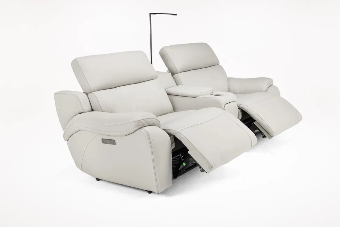 Mor Furniture Imperial 2 Power Console Loveseat In Blanca Light Gray Leather