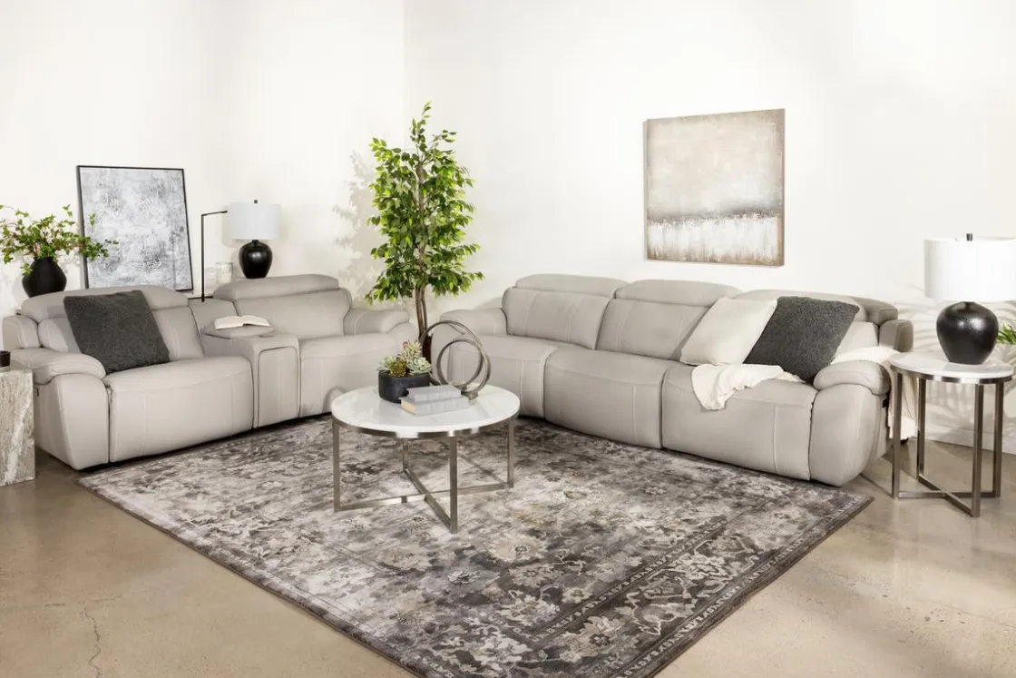 Mor Furniture Imperial 2 Power Console Loveseat In Blanca Light Gray Leather