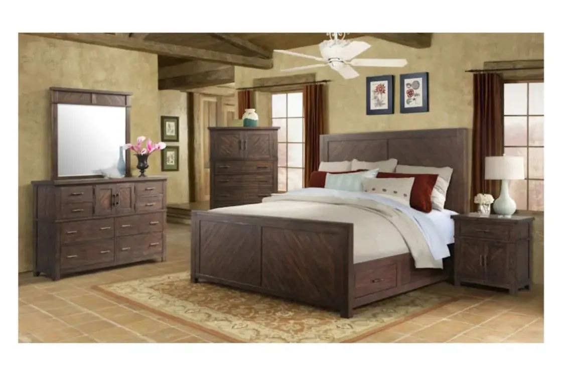 Mor Furniture Jax Storage Bed, Dresser, Mirror, Nightstand & Chest In Cherry, Queen