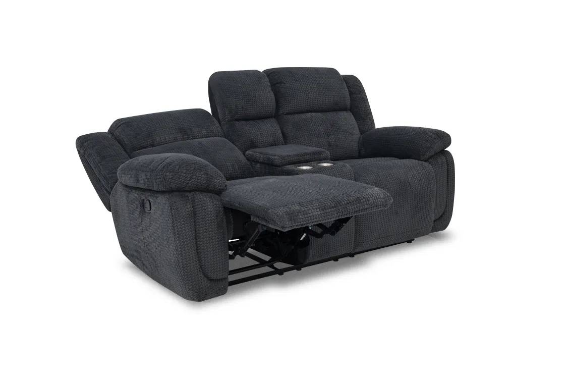 Mor Furniture Jayne Reclining Sofa W/ Drop Down Table & Console Loveseat In Charcoal