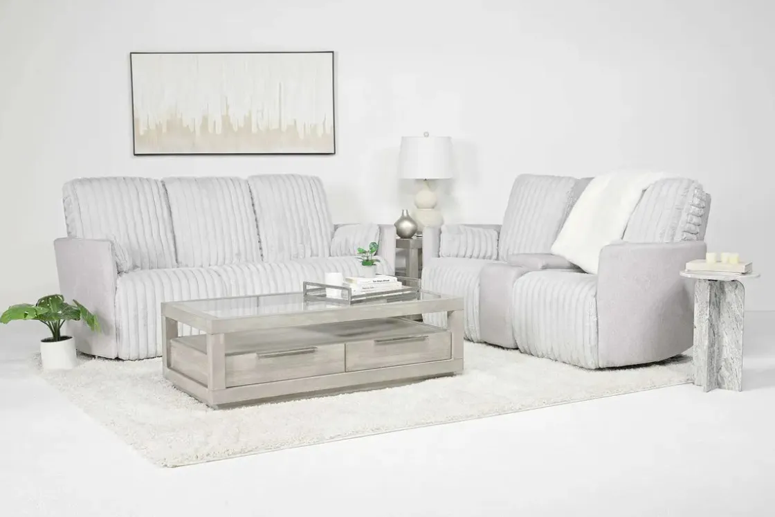Mor Furniture Jessica Reclining Sofa & Console Loveseat In Presley Fog/Charlotte Mist
