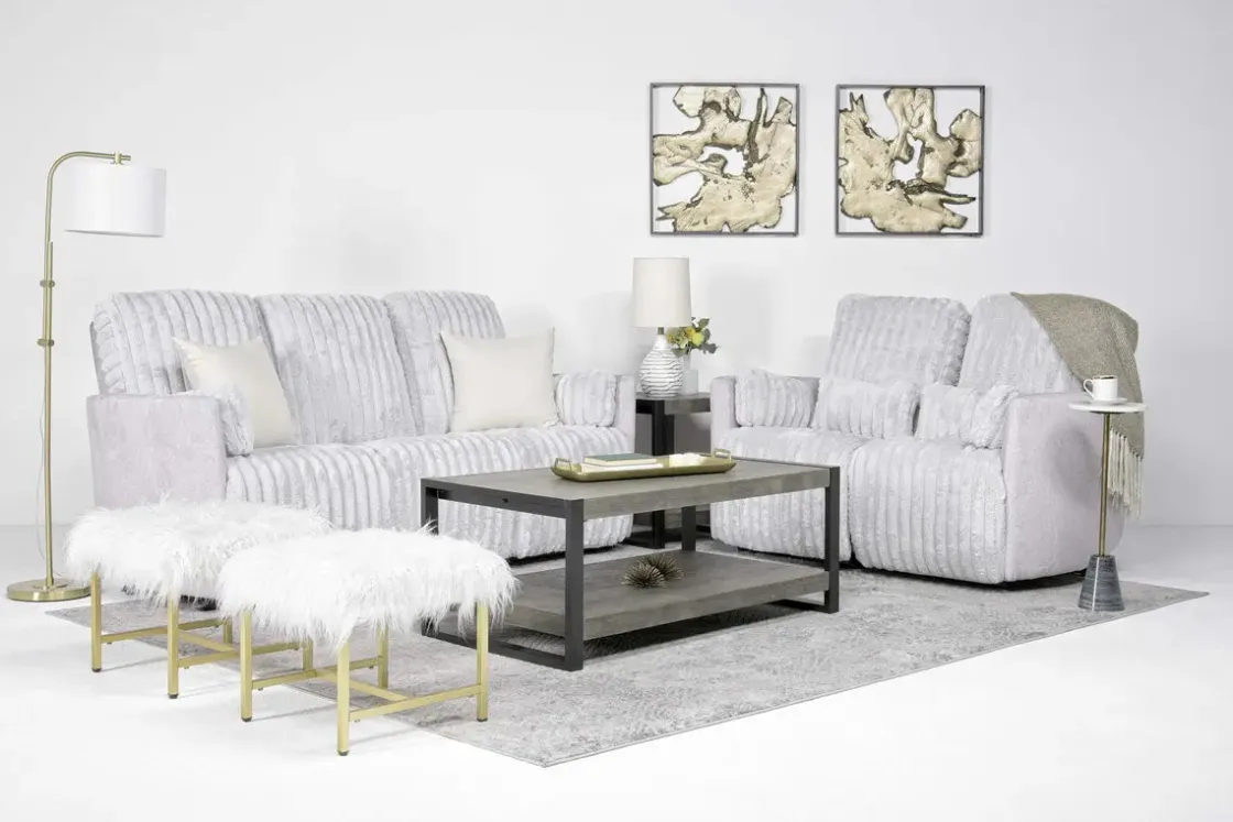 Mor Furniture Jessica Reclining Sofa & Loveseat In Presley Fog/Charlotte Mist