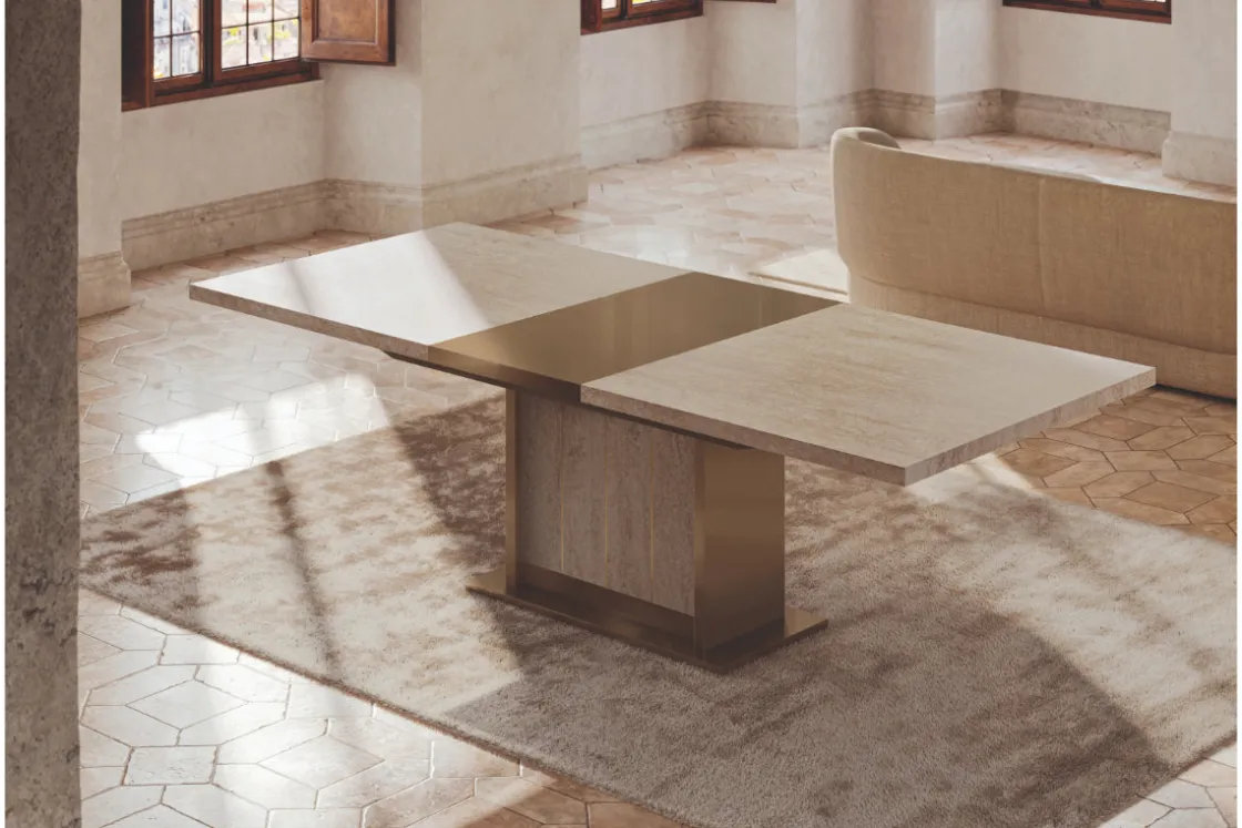 Mor Furniture Jo 83" Dining Table In Gold/Travertino Eco Stone