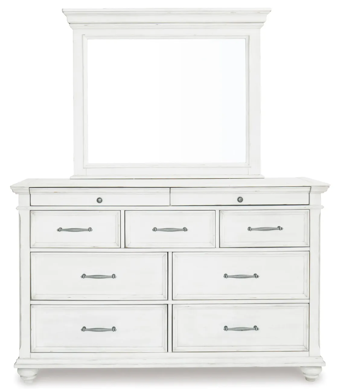 Mor Furniture Kanwyn Panel Bed W/ Storage, Dresser, Mirror & Nightstand In White Wash, Queen