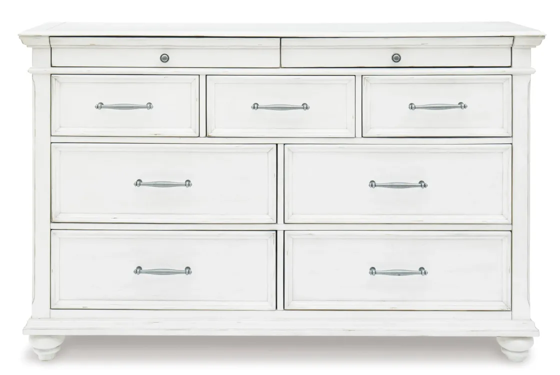 Mor Furniture Kanwyn Panel Bed W/ Storage, Dresser, Mirror & Nightstand In White Wash, Queen
