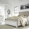 Mor Furniture Kanwyn Upholstered Panel Bed, Dresser, Mirror & Nightstand In White Wash, Queen