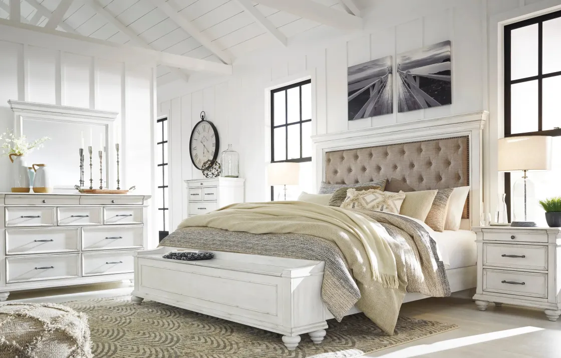 Mor Furniture Kanwyn Upholstered Panel Bed W/ Storage, Dresser, Mirror & Nightstand In White Wash, Queen