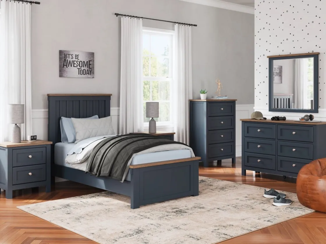 Mor Furniture Landocken Panel Bed, Dresser, Mirror & Nightstand In Brown/Blue, Twin