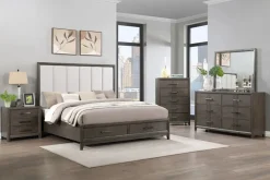 Mor Furniture Landon Upholstered Panel Bed W/ Storage, Dresser, Mirror & Nightstand In Walnut, Queen