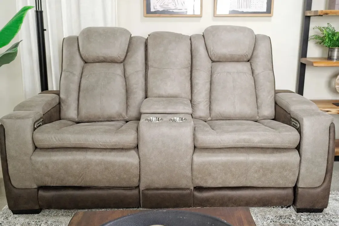 Mor Furniture Lantana 2 Power Console Loveseat In Rocky Gray/Brown