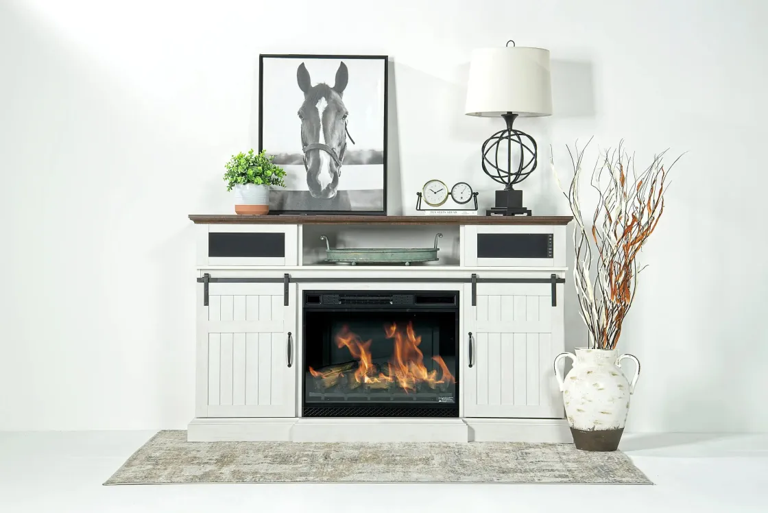 Mor Furniture Manning Bluetooth Console W/ Fireplace Insert In White, 68 Inch
