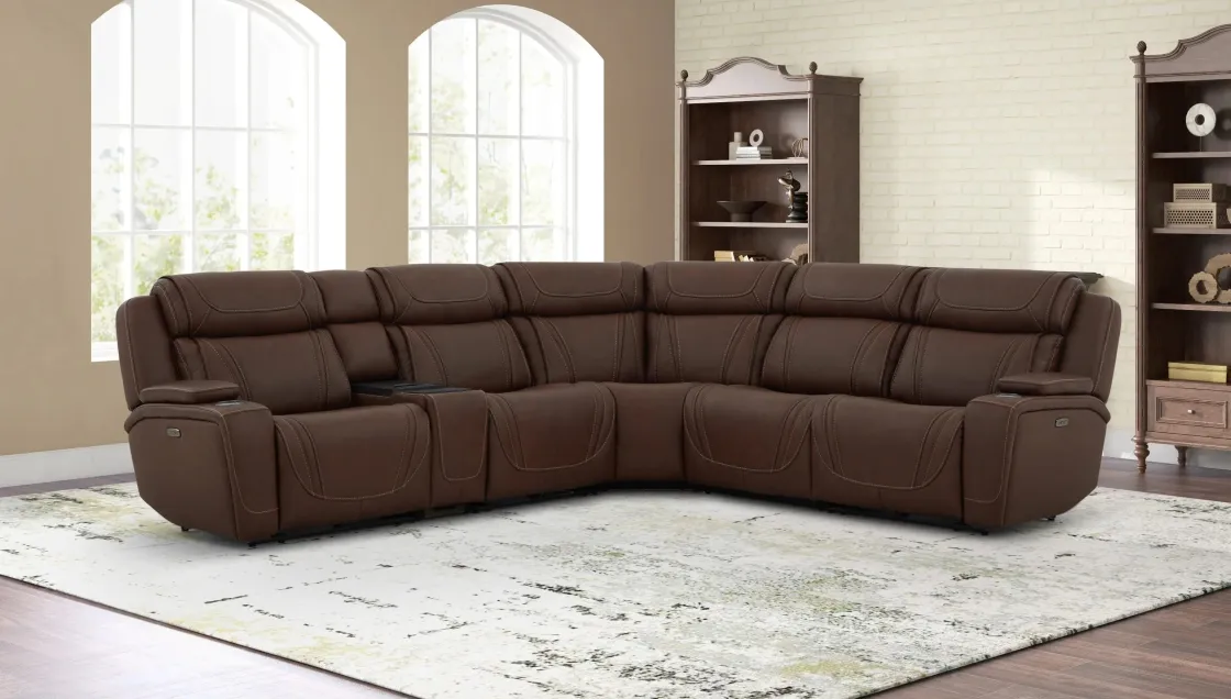 Mor Furniture Max 6 Piece 2 Power Sectional In Aline Timber Leather