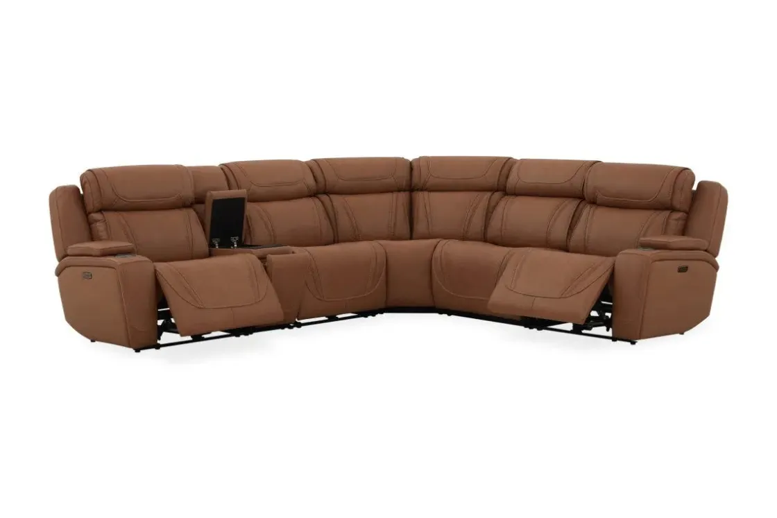 Mor Furniture Max 6 Piece 2 Power Sectional In Aline Timber Leather