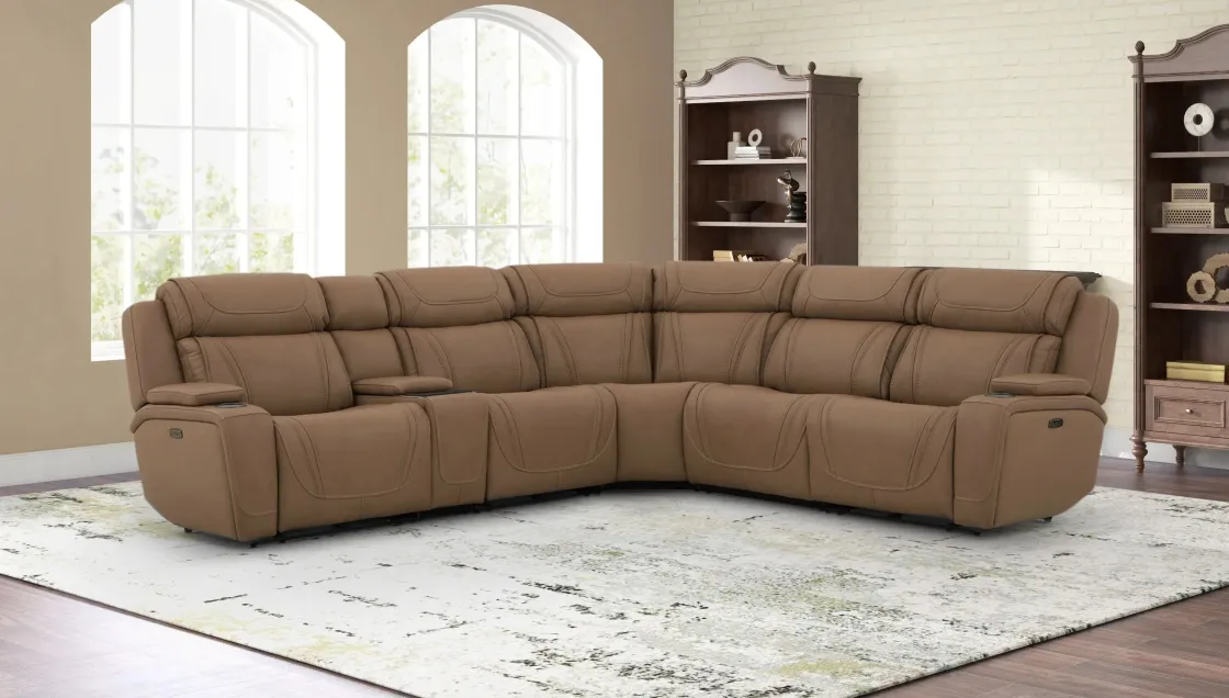 Mor Furniture Max 6 Piece 2 Power Sectional In Aline Timber Leather