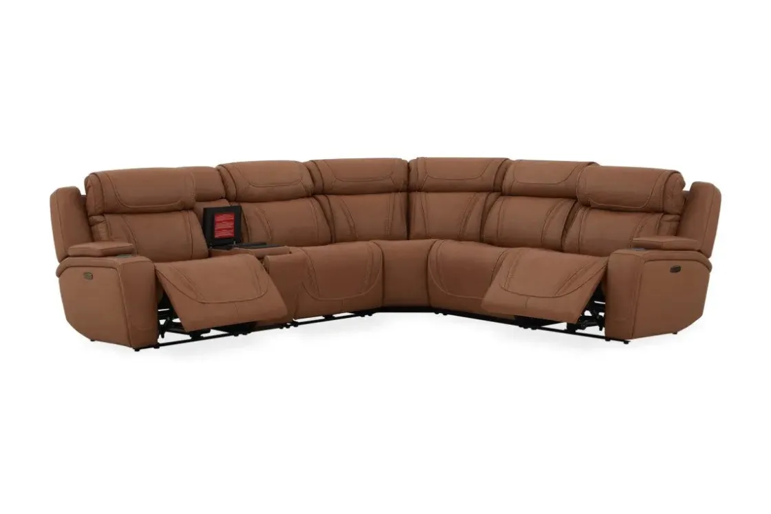 Mor Furniture Max 6 Piece 2 Power Sectional In Aline Timber Leather