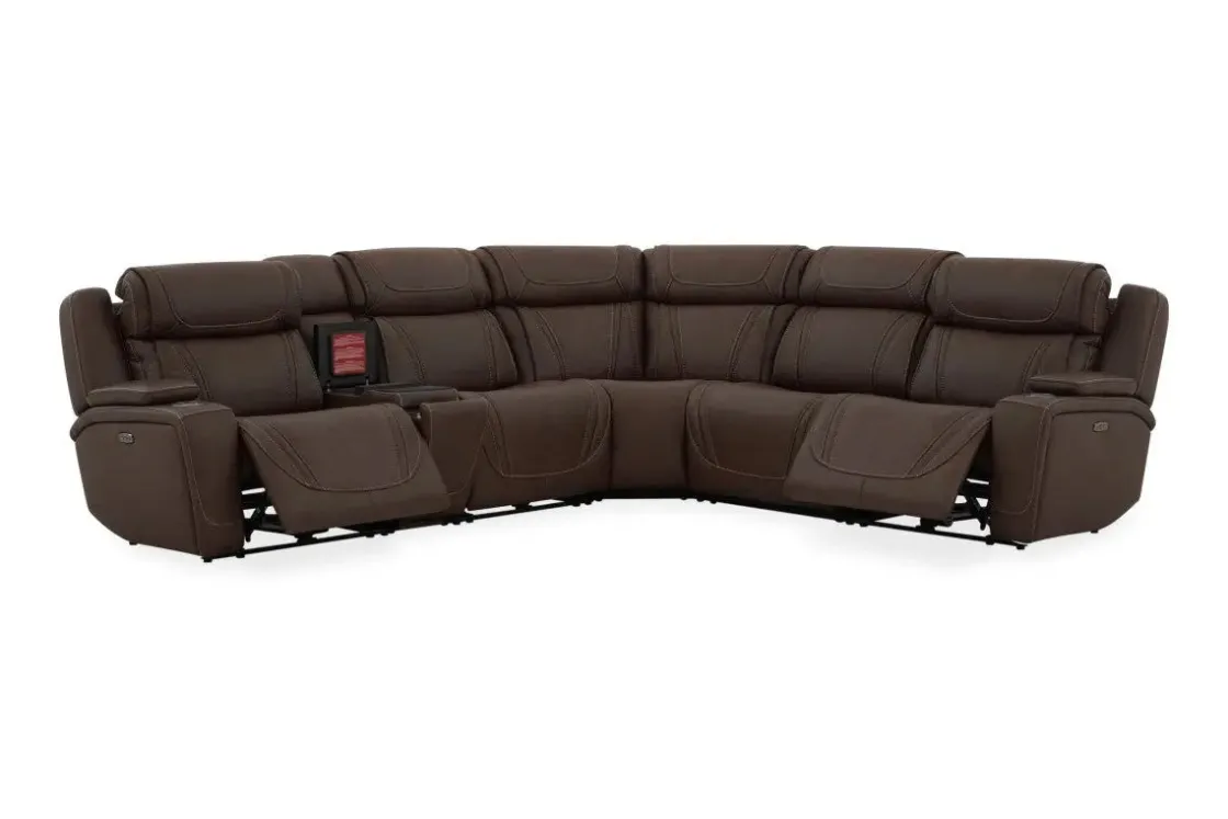 Mor Furniture Max 6 Piece 2 Power Sectional In Aline Timber Leather