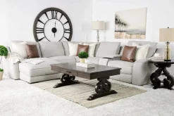 Mor Furniture Mayflower 6 Piece 2 Power Chaise Sectional W/ Audio Console In Ashland Sand, Left Facing