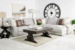 Mor Furniture Mayflower 6 Piece 2 Power Chaise Sectional W/ Audio Console In Ashland Sand, Left Facing