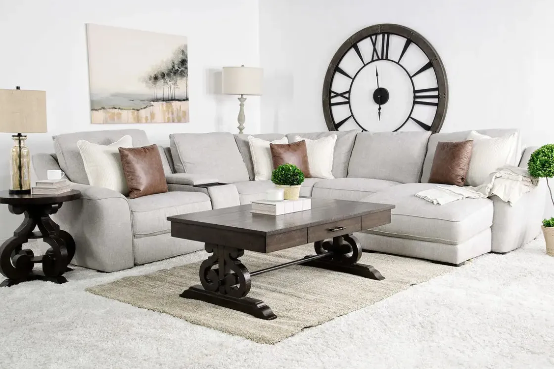Mor Furniture Mayflower 6 Piece 2 Power Chaise Sectional W/ Audio Console In Ashland Sand, Left Facing