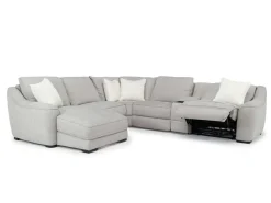 Mor Furniture Mayflower 6 Piece 2 Power Chaise Sectional W/ Audio Console In Ashland Sand, Left Facing