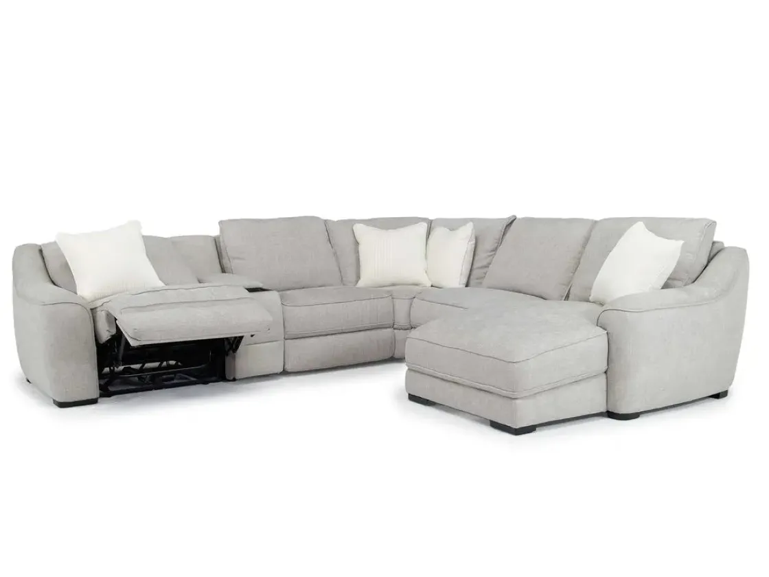 Mor Furniture Mayflower 6 Piece 2 Power Chaise Sectional W/ Audio Console In Ashland Sand, Left Facing