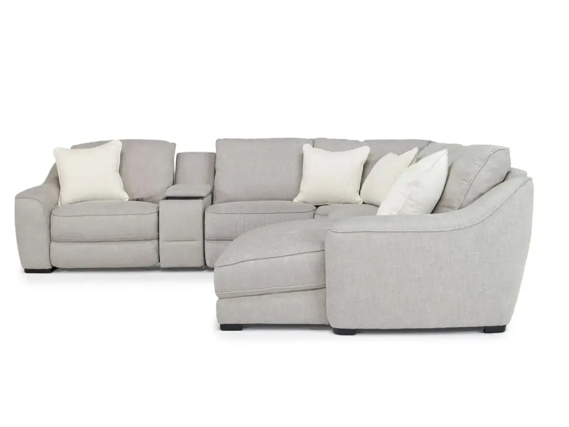 Mor Furniture Mayflower 6 Piece 2 Power Chaise Sectional W/ Audio Console In Ashland Sand, Left Facing