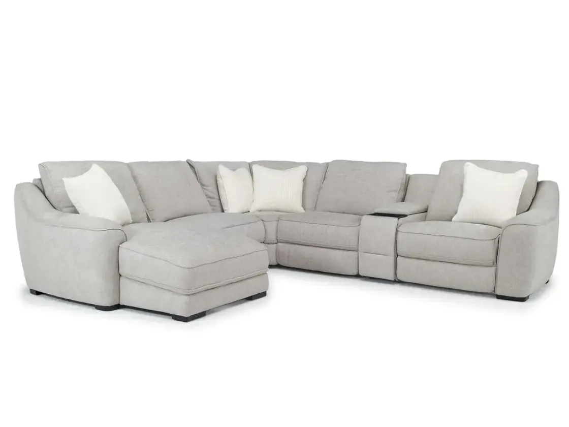 Mor Furniture Mayflower 6 Piece 2 Power Chaise Sectional W/ 2 Power Armless Recliner & Audio Console In Ashland Sand, Left Facing